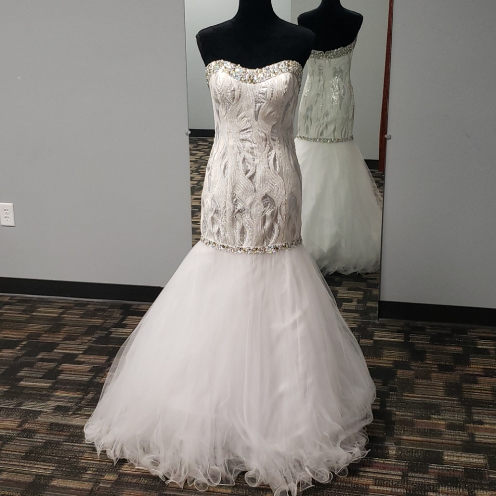 Blush,prom,white, strapless, mermaid, size 8